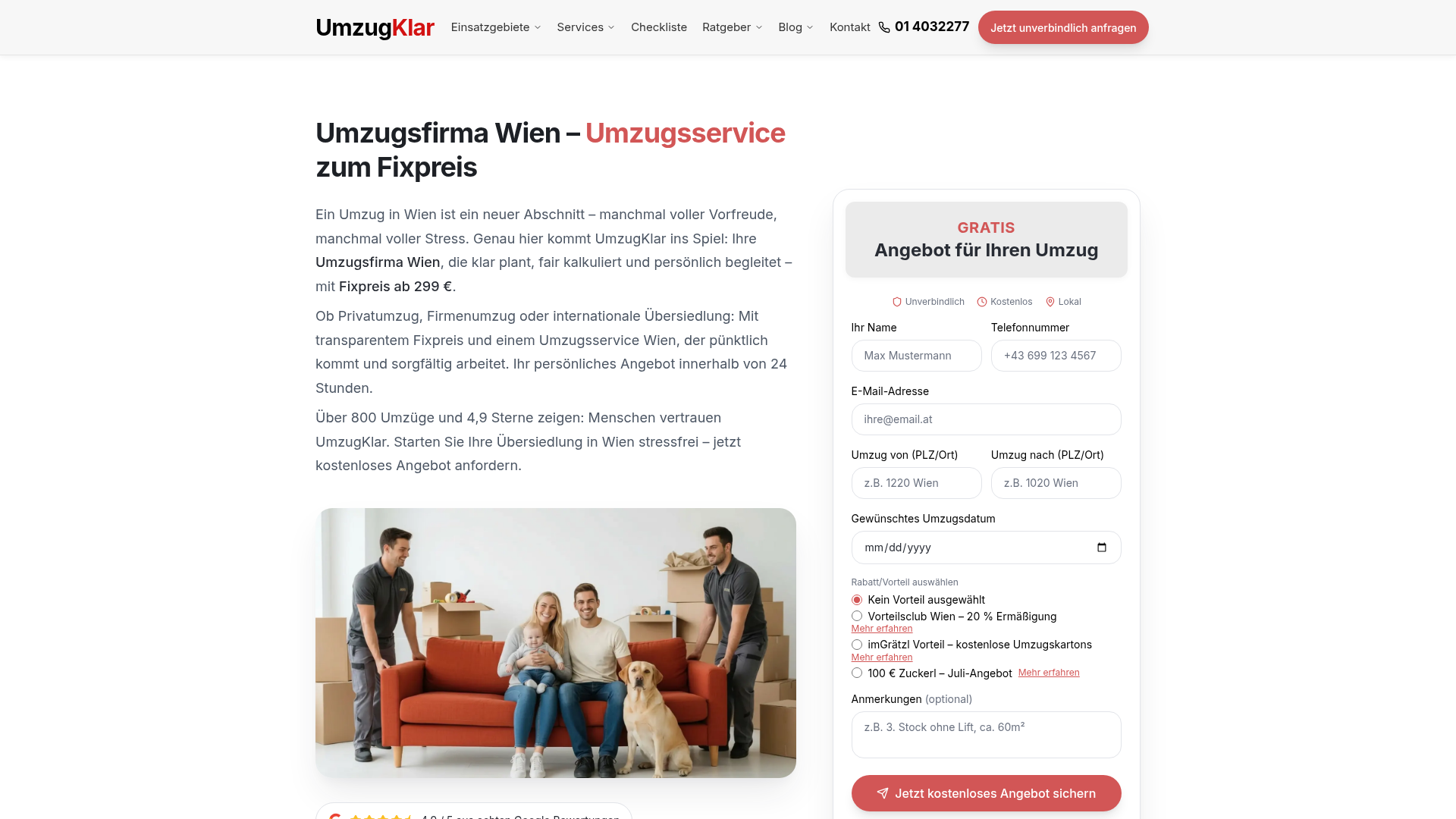 Screenshot der Startseite von UmzugKlar