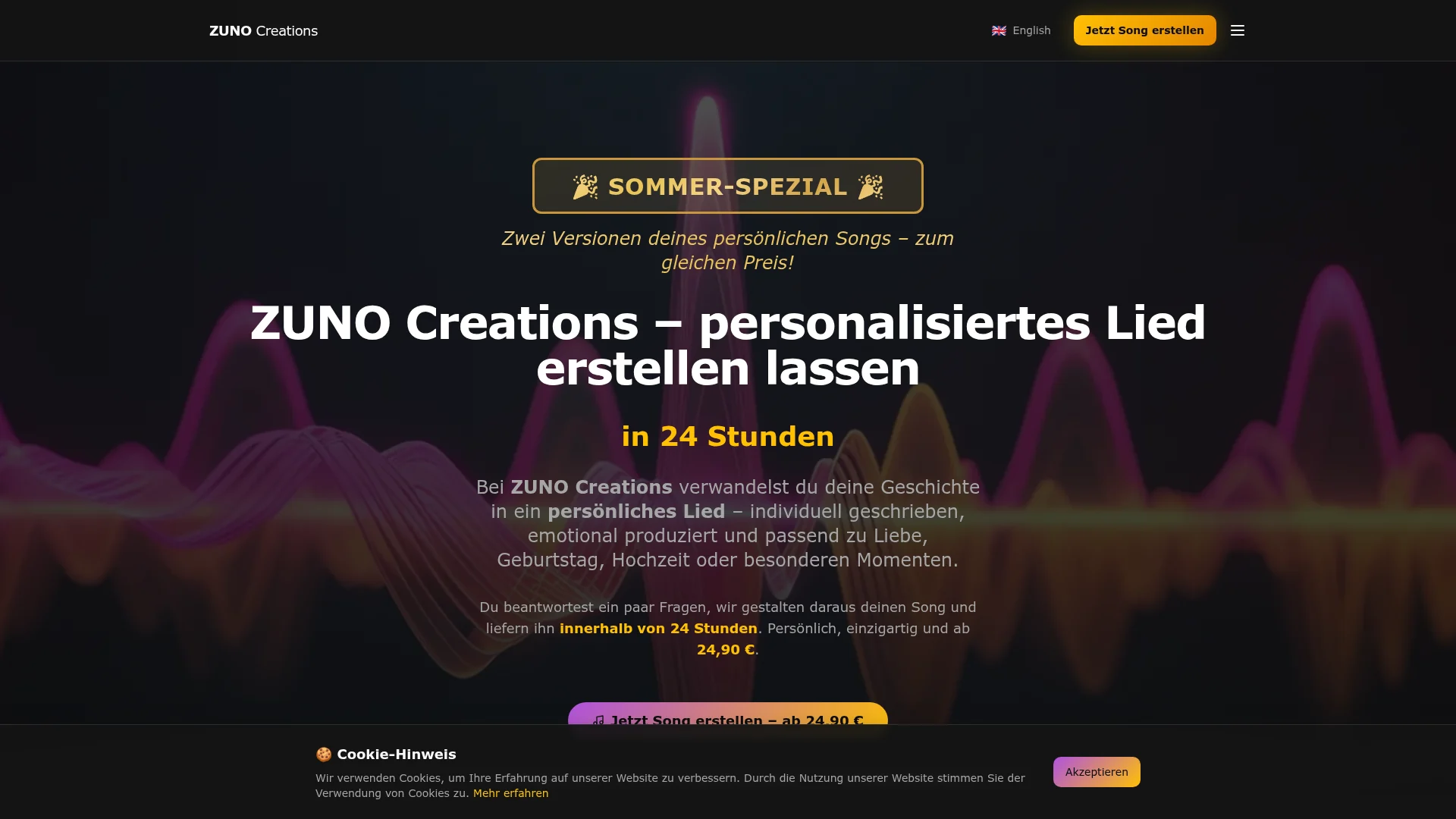 Zuno Creations – Website-Projekt Screenshot der Startseite von Zuno Creations